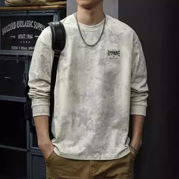 Футболка с длинными рукавами в американском ретро-стиле с принтом тай-дай, мужская осенняя модная вышитая футболка с круглым вырезом, свободный тяжелый свитер M бежевый