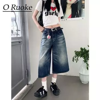American Retro Washed Cropped Straight-Leg Denim Women s High Waist Loose Wide Legs Casual Lazy Sense Middle Pants Fashion Blue XS
