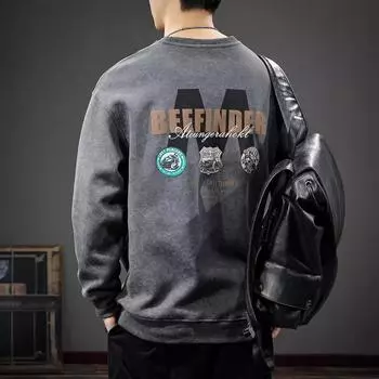 American Retro Washed Heavy Sweater Men S Trendy Brand Foam Printing Autumn High-End Loose Long-Sleeved Top Jacket M серый