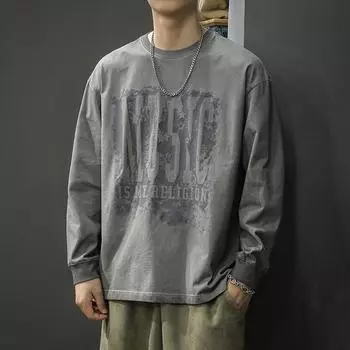 American Retro Washed Printed Men S Long-Sleeved T-Shirt Autumn Heavy Pure Cotton Trendy Brand Loose Crew Neck Sweater M хаки