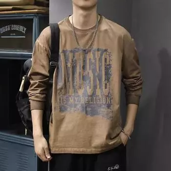 Мужская футболка с длинными рукавами и принтом в американском ретро-стиле, осенний свободный свитер из чистого хлопка с круглым вырезом от модного бренда M серый