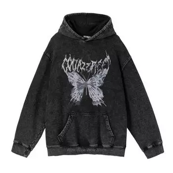 Американский Ретро Свитер Мужской и Женский Хип-Хоп Бабочка Череп Темный Принт Толстовка Худи Ретро M