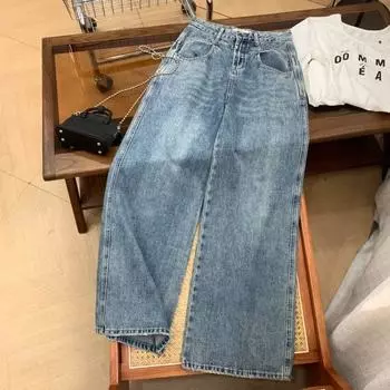American Retro Wide Leg Denim Women s Summer High Waist Loose Straight-leg Slim Looking Draped Pants D#27 Blue S
