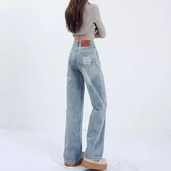 American Retro Wide-leg Jeans Spring and Summer Narrow Version High-waist Light Blue Slim Drooping Versatile Extended Floor Pants XS