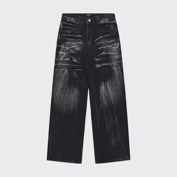 American Retro Wide-Leg Jeans with Washed Lightning Flower Design S [Premium Quality]