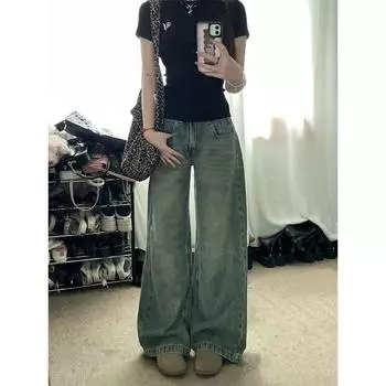 American Sexy Low Waist Denim Women s Summer New Arrival Retro Distressed Loose-Fitting Wide-Leg Slim-Fit Straight-leg Mop Pants Retro Blue L