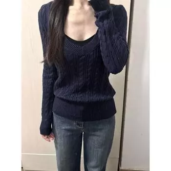 American Sexy V Neck Cable-Knit Sweater Women s Fall and Winter 2025 New Arrival Silm Waist-Tight Inner Wear Base Knitwear Tops Navy L