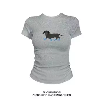 American Slim fit Fashion Brand Tight Slimming Short sleeve T-shirt Women 2025 Summer Gyaru Waist Hugging Short Shoulder Top Melange gray L