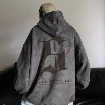 American Street Ins замшевая толстовка с капюшоном мужская осень 2024 года мужская и женская уличная модная брендовая тяжелая свободная повседневная толстовка с капюшоном M серый