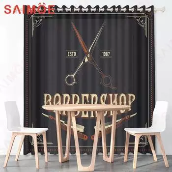 American Style Classic Beauty Salon Curtain Comb Scissors Thin Polyester Fabric Barbershop Bedrooms Custom Decoration with Hooks 1pc W100 X H135 cm&Rod Pocket Process