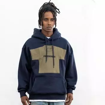 American Style Men’s Autumn Winter Hooded Sweatshirt Fashion Retro Patchwork Fleece Lined Hoodie M