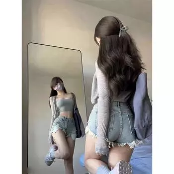 American Style Sexy European and American Sexy Low Waist Denim Super Short Shorts Women s 2025 Summer Skinny Sheath Burrs Tassels Hot Pants Retro Blue L