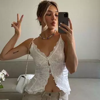 American Style Sexy Special-Interest Design Lace Splicing Sling Vest Sexy Button Cardigan Slim-Fit Low Collar Fashion Bra White S