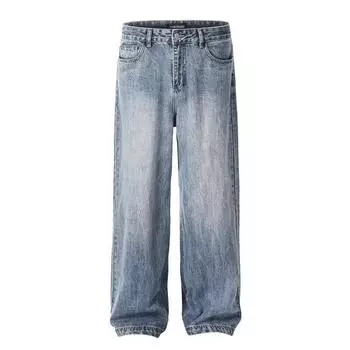 American-style Wash Blue Straight Loose Jeans for Men s New Style of Long Pants Casual and Versatile Simple M синий