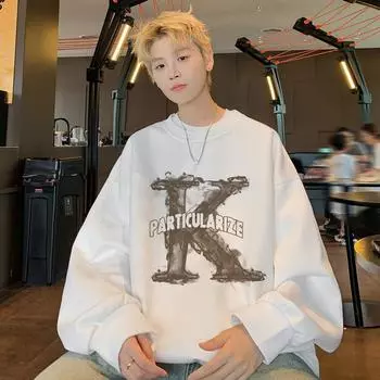 American Suede Sweatshirt for Men In Spring and Autumn, Loose Large Size Men s Bottoming Shirt, Trendy Printed Long-sleeved Jacket M