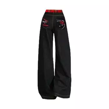 American Sweet Sexy Kitty Embroider Denim Female Plus Size 2025 New Design Sense Slimming and Straight Loose Pants Black L