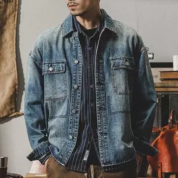 American Tooling Классическая рубашка с длинными рукавами Мужская красивая модная куртка Мужская ретро-джинсовая куртка M синий