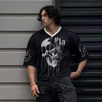 American Trendy Brand Oversize T-shirt for Men s Sports and Fitness Personality Simple Quick-drying Breathable Large Mesh Printed Half-sleeved Top S чёрный