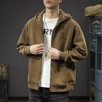 Американский модный бренд кардиган на молнии мужской спортивный свитер свободный большой размер весна и осень тяжелая ретро повседневная куртка с капюшоном M абрикосовый