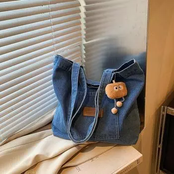 American vintage denim bag tote bag trendy new large-capacity tote bag men s and women s casual shoulder bag