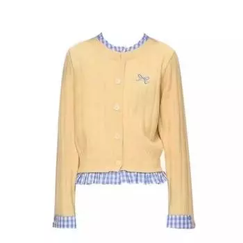 American vintage Plaid Patchwork Fake Two Pieces Knit cardigan Women Early Spring Design Sense Slim fit Slimming Versatile Sweater Yellow XL(Suggested 57.50 kg-65.00 kg)