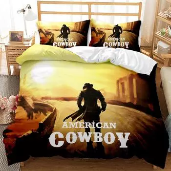 American Western Cowboy King Queen Duvet Cover Vintage Wilderness Sunset Bedding Set for Men Horse 2/3pcs Polyester Quilt Cover 70x133cm 2pcs