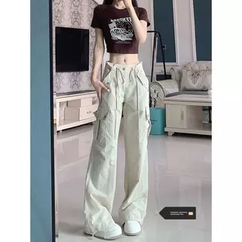 American White Quick-Drying Cargo Pants Women s High Waist Summer Thin Plus Size Plus Size Ladies Loose Slim Looking Casual Wide-Leg Pants Apricot 4XL [Suggested 87.50 kg-100.00 kg]]
