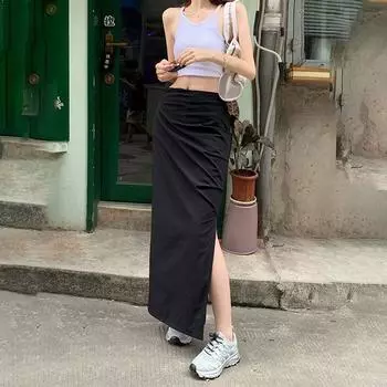American Workwear Skirt Women s Autumn High Waist Slimming Slit Hip-Wrapped Mid-Length Dress Fashion Ins Sexy Draped Dress Black L