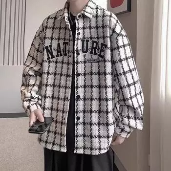 American Xiaoxiangfeng Jacket Men s Spring and Autumn Lapel Jacket Boys Couple Trendy Brand Casual Loose Plaid Baseball Jersey M белый