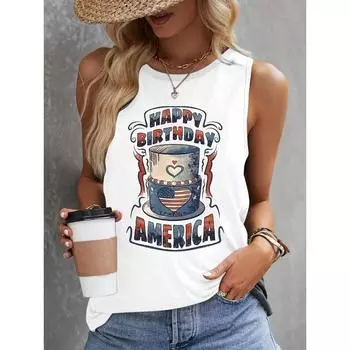 Америка С Днем Рождения Напечатанная майка для женщин Летняя повседневная майка без рукавов уличная мода футболка без рукавов для женщин S