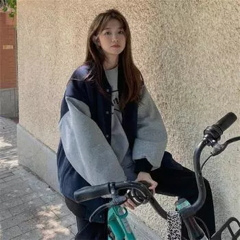 Американская бейсбольная форма для студенток на осень и зиму, свободный кардиган в стиле Гонконга в стиле ретро, свитшот с бархатом и утолщением M чёрный