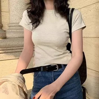 Американская белая футболка женская с правым плечом и короткими рукавами, европейский продукт 2024 года, новый тонкий круглый вырез, чистый хлопок, многослойный нижний топ S белый