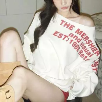 Американская диагональная плечевая Y2k буква печати топы женская мода длинный рукав свитер женский Spice Girl свободные Ins осень новая футболка 2XL серый