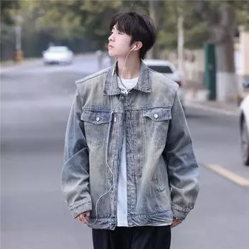 Американская джинсовая куртка с наплечниками и выбеленными плечами, мужская сезонная уличная модная брендовая куртка с несколькими молниями для пар M синий