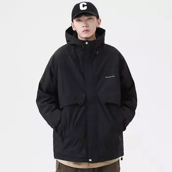 Американская функциональная ветровая куртка для активного отдыха, мужская куртка с капюшоном, свободная, большого размера, хлопковая мужская одежда M чёрный