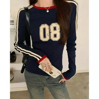 Американская горячая девушка Контрастный цвет круглый вырез три полоски длинный рукав футболка женская осенняя буква принт узкий внутренний топ S