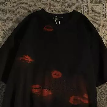 Американская Хай-стрит Чистый Хлопок Ретро Принт Губ Футболка с Коротким Рукавом Мужская и Женская Свободная Мода Большие Размеры Модный Бренд Парные Топы Black M