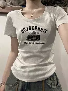 Американская High Street из чистого хлопка с коротким рукавом, облегающая футболка, женская летняя универсальная утягивающая короткая одежда на плечо 2XL белый