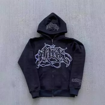 Американская индивидуальность Простая толстовка с принтом в стиле ретро Y2K Зимняя утолщенная хип-хоп уличная одежда Harajuku Кардиган Мужская и женская толстовка S чёрный