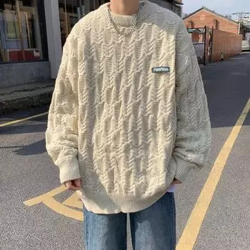 Американская индивидуальность Простой жаккардовый свитер с круглым вырезом Ретро Зима Y2K Street Hip hop Boys Ленивый высококачественный свитер для осени и зимы M бежевый