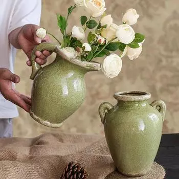 Американская кантри классическая керамическая ваза с ручкой, покрытая глазурью, темно-зеленая ваза для офиса в стиле ретро, декор для книжной полки, гидропонный цветочный горшок