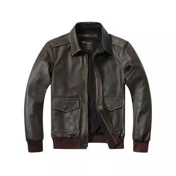 Американская классическая летная куртка A2 Редкий оливковый верхний слой из телячьей кожи Мужская куртка из натуральной кожи Свободный летный костюм ВВС с лацканами S зелёный