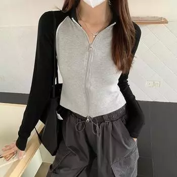 Американская контрастная цветная куртка с воротником-стойкой на молнии, футболка с длинным рукавом, женская, осень 2024, новый приталенный топ Niche S