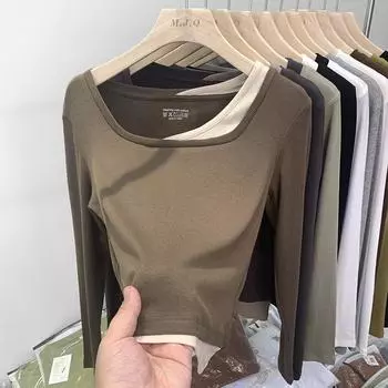 Американская контрастная поддельная двухсекционная футболка с квадратным воротником и длинными рукавами для женщин, весна и осень, новая приталенная рубашка с внутренней отделкой S