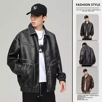 Американская кожаная куртка мужская ранняя осенняя новая уличная красивая повседневная куртка с лацканами High Sense M коричневый