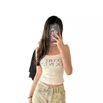 Американская красотка с открытой спиной, белая майка с буквенным принтом для женщин - облегающий модный летний топ M