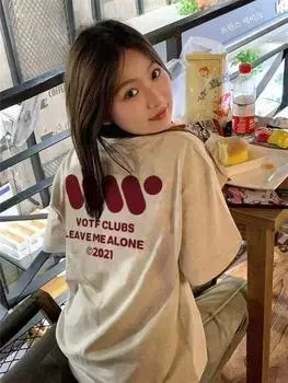 Американская летняя модная простая одежда, женская новая ленивая шикарная футболка в стиле ретро с буквенным принтом и короткими рукавами, 2024 г. M серый/бежевый