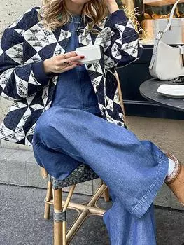 Американская мода хлопковое пальто на пуговицах для женщин осень-зима принтованная пэчворк элегантная одежда новая винтажная повседневная куртка с длинными рукавами S синий