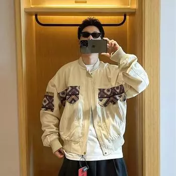 Американская мода, широкий выпуск, вышитая универсальная куртка с плечевым ремешком, повседневная куртка с бейсбольным воротником для женщин M хаки