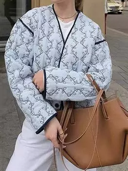 Американская мода винтажный цветочный принт пальто осень эстетика V-образный вырез кардиган топы новый длинный рукав ретро хлопковая стеганая куртка S синий